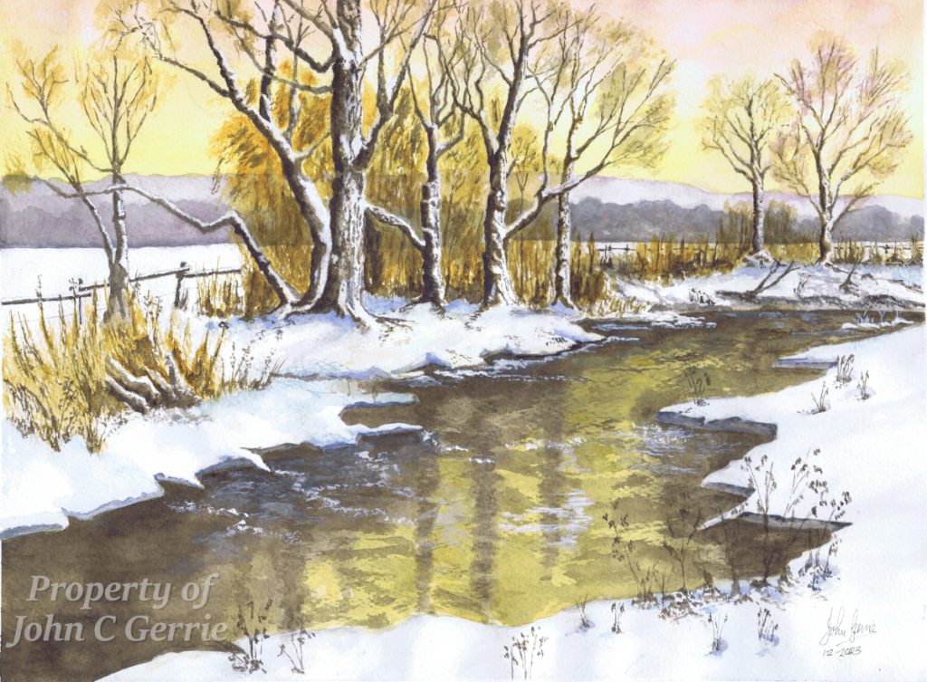 Gallery V3 Winter Tranquillity a painting showing a river in winter with snow on the riverbanks