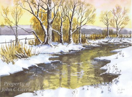 Winter Tranquillity a painting showing a river in winter with snow on the riverbanks