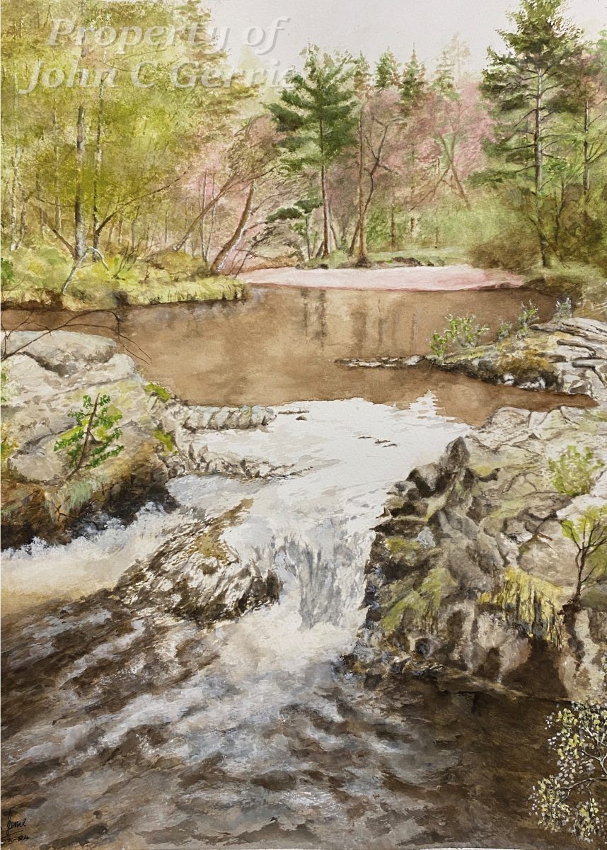 Painting of river with waterfall surrounded by trees