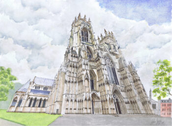 Leith Hall Watercolour and ink painting of York Minster West Front in York, shown in a dramatic upward perspective with detailed Gothic stonework and a soft blue sky.