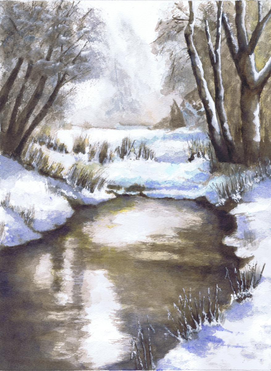 Watercolour painting of a winter scene.