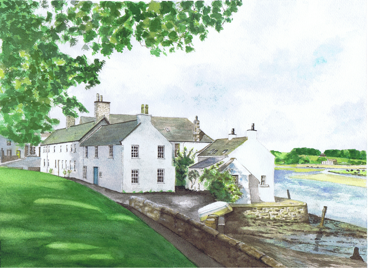 Village Buildings at Kirkcudbright Original watercolour of white cottages beside calm water with green trees and a stone wall