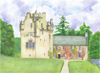 John Gerrie Artwork Watercolour painting of Crathes Castle in Aberdeenshire shown from the front, with a pale tower, red ivy on the lower wing, green lawn, central path and soft blue-purple sky.