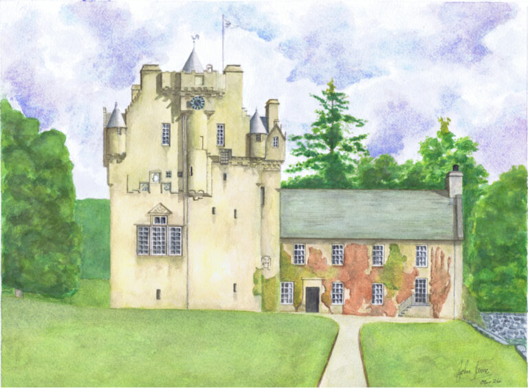 Crathes Castle in Watercolour Watercolour painting of Crathes Castle in Aberdeenshire shown from the front, with a pale tower, red ivy on the lower wing, green lawn, central path and soft blue-purple sky.