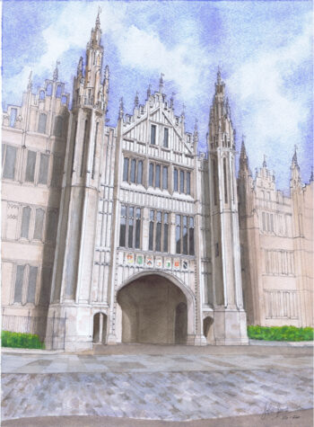 John Gerrie Artwork Pen, ink and watercolour painting of the main entrance to Marischal College in Aberdeen, showing the granite façade, Gothic towers, entrance arch, coloured shields, paving and blue sky.